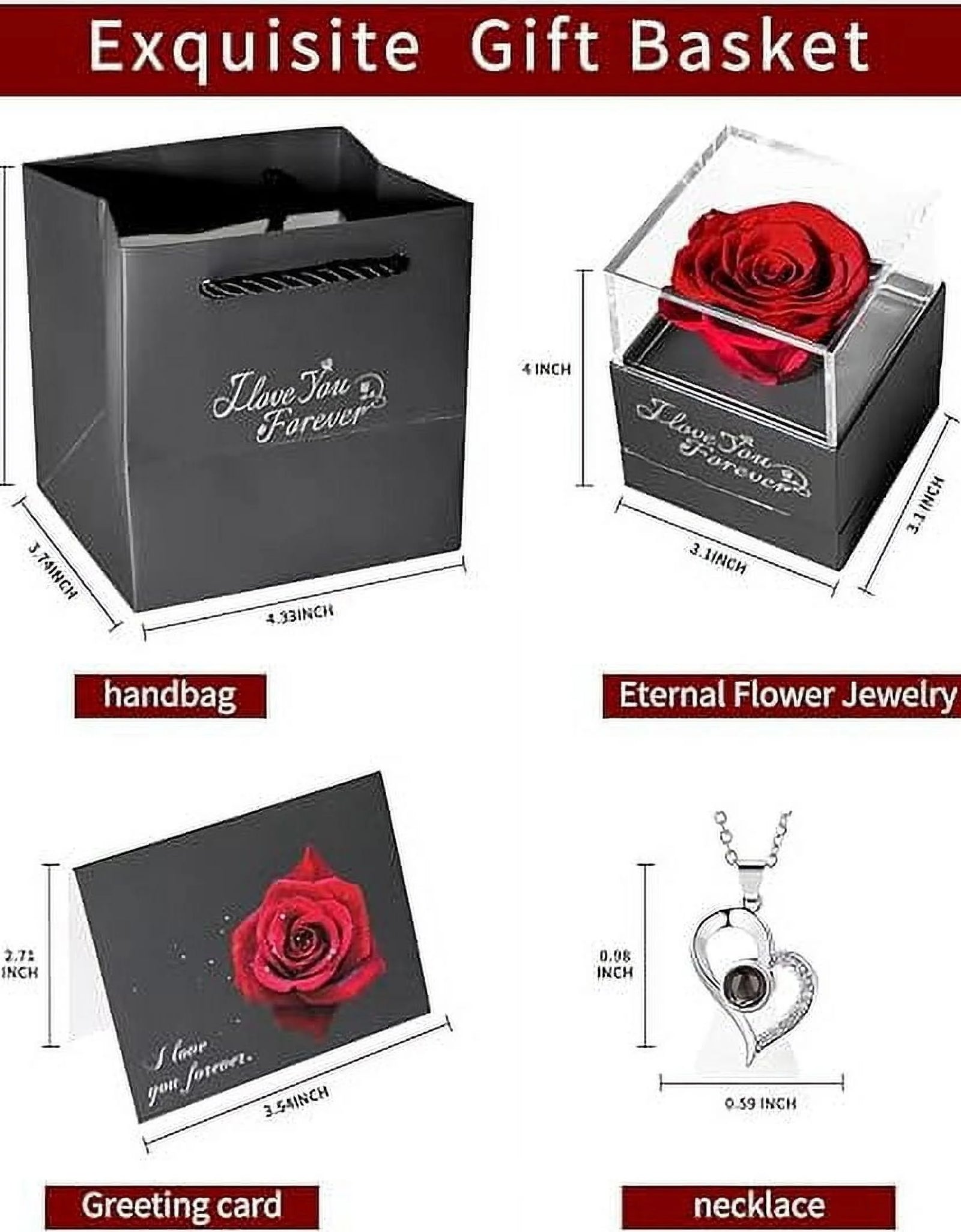 Eternal Rose Gift Bag with I Love You Necklace for Her, Red