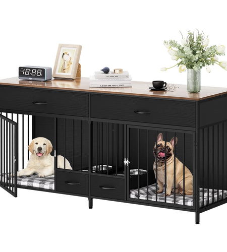 Indoor Dog Crate Furniture Large Breed with Storage&Dog Feeder, Double Dog Kennel Furniture TV Stand, 74.8" Inch Wooden Decorative Dog Kennel Furniture for 2 Dogs, Black