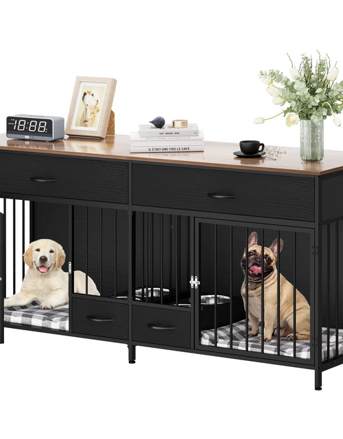Load image into Gallery viewer, Indoor Dog Crate Furniture Large Breed with Storage&amp;Dog Feeder, Double Dog Kennel Furniture TV Stand, 74.8&quot; Inch Wooden Decorative Dog Kennel Furniture for 2 Dogs, Black
