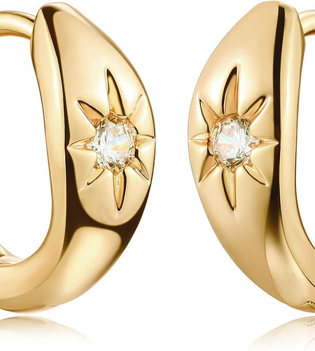 18K Gold Plated Huggie Earrings with Shining Cubic Zriconia Geometry Beads Star Hoop Earrings for Women