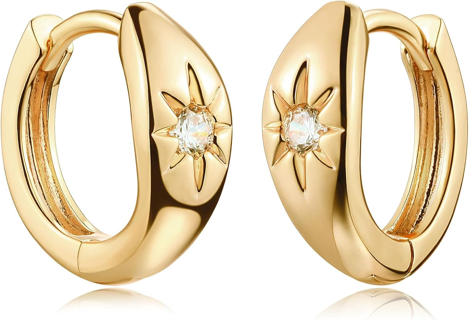 18K Gold Plated Huggie Earrings with Shining Cubic Zriconia Geometry Beads Star Hoop Earrings for Women