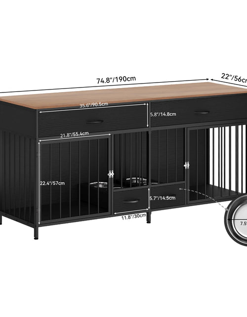 Load image into Gallery viewer, Indoor Dog Crate Furniture Large Breed with Storage&amp;Dog Feeder, Double Dog Kennel Furniture TV Stand, 74.8&quot; Inch Wooden Decorative Dog Kennel Furniture for 2 Dogs, Black
