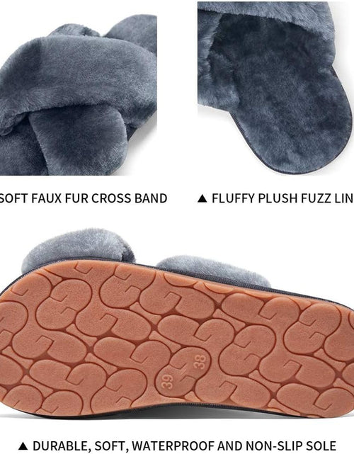 Load image into Gallery viewer, Women&#39;S Cross Band Slippers Soft Plush Furry Open Toe Fur Slides Fuzzy Fluffy Slip on House Shoes Indoor Outdoor Slippers
