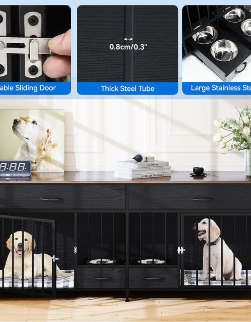 Load image into Gallery viewer, Indoor Dog Crate Furniture Large Breed with Storage&amp;Dog Feeder, Double Dog Kennel Furniture TV Stand, 74.8&quot; Inch Wooden Decorative Dog Kennel Furniture for 2 Dogs, Black
