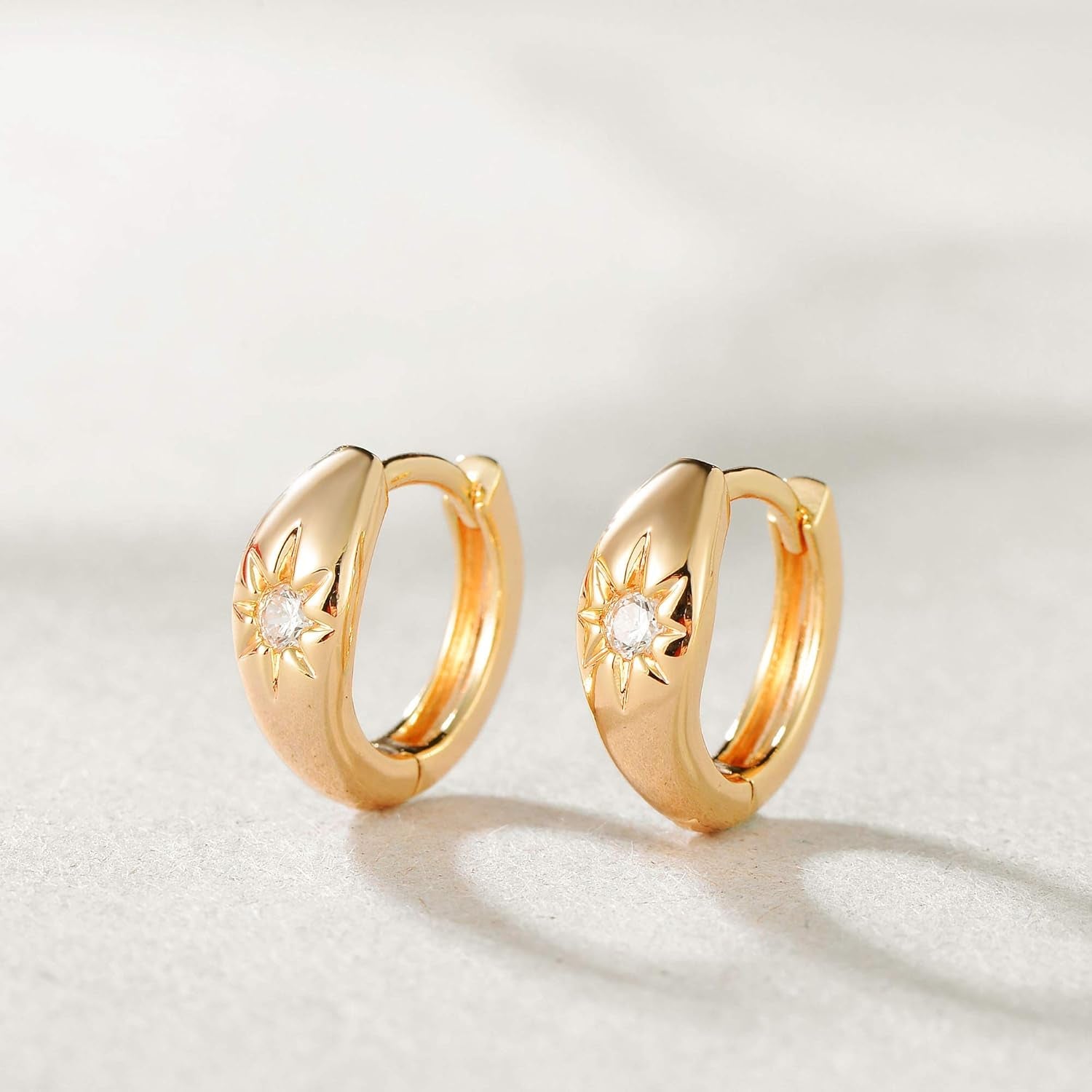 18K Gold Plated Huggie Earrings with Shining Cubic Zriconia Geometry Beads Star Hoop Earrings for Women