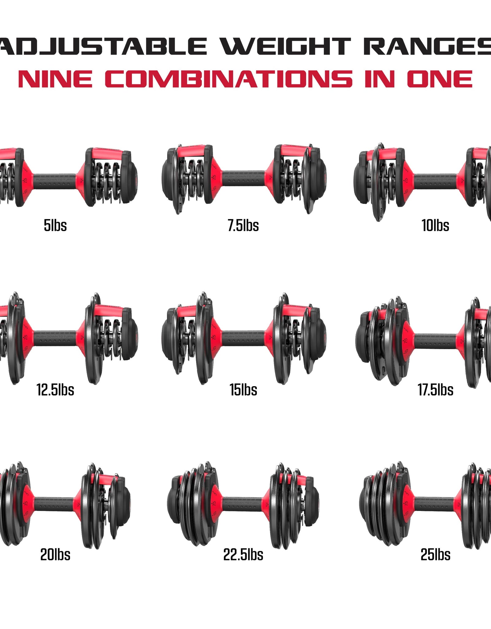 Smartbell 2-Pack, Two 25Lbs. Quick-Select 9 in 1 Adjustable Dumbbell for Home Gym, 5-25Lbs. Weight in 2.5Lbs Increments