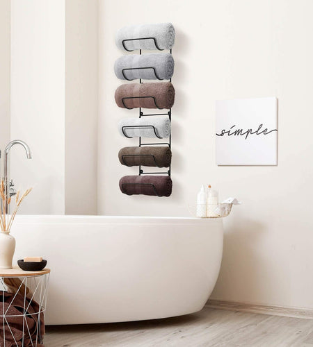 Towel Rack Wall Mount – 6 Compartments of Black Metal Bathroom Towel Holder Set - Bathroom Organizer, for Gym Spa, Camper, Rv, Back of Door, Cabinet - Wine Rack Wall Mounted for Kitchen, Bar