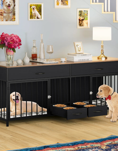 Load image into Gallery viewer, Indoor Dog Crate Furniture Large Breed with Storage&amp;Dog Feeder, Double Dog Kennel Furniture TV Stand, 74.8&quot; Inch Wooden Decorative Dog Kennel Furniture for 2 Dogs, Black
