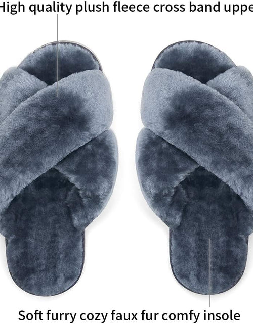 Load image into Gallery viewer, Women&#39;S Cross Band Slippers Soft Plush Furry Open Toe Fur Slides Fuzzy Fluffy Slip on House Shoes Indoor Outdoor Slippers
