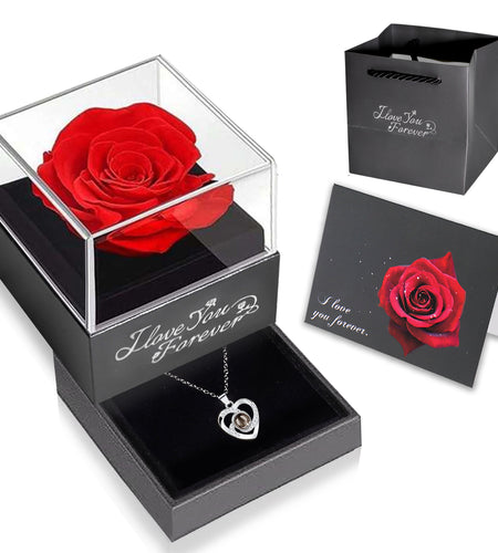 Eternal Rose Gift Bag with I Love You Necklace for Her, Red