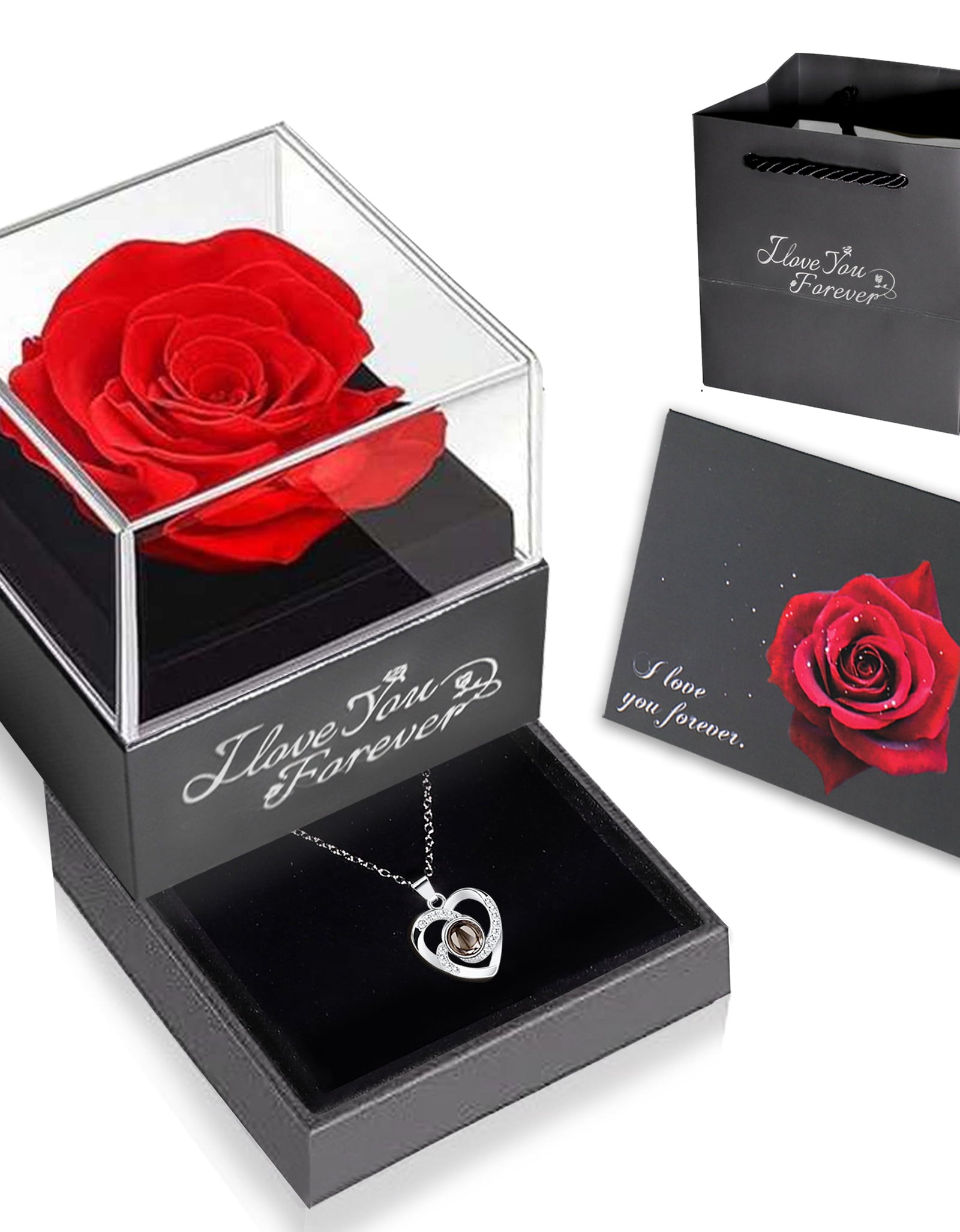 Eternal Rose Gift Bag with I Love You Necklace for Her, Red