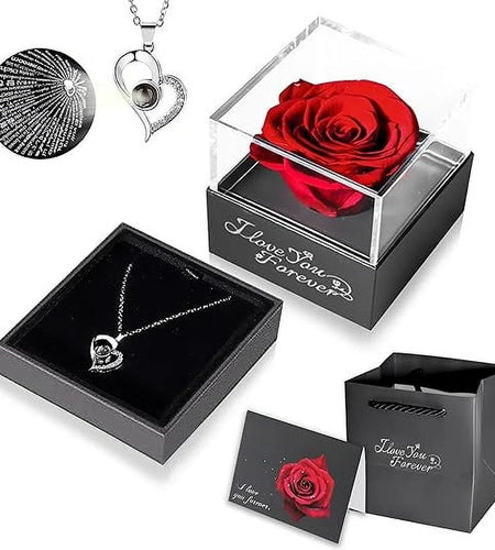 Eternal Rose Gift Bag with I Love You Necklace for Her, Red