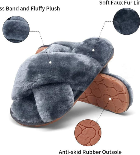 Women'S Cross Band Slippers Soft Plush Furry Open Toe Fur Slides Fuzzy Fluffy Slip on House Shoes Indoor Outdoor Slippers