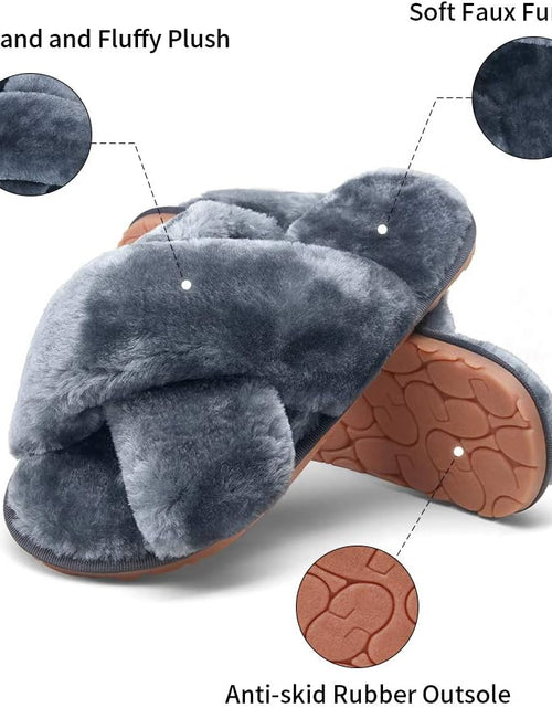 Load image into Gallery viewer, Women&#39;S Cross Band Slippers Soft Plush Furry Open Toe Fur Slides Fuzzy Fluffy Slip on House Shoes Indoor Outdoor Slippers
