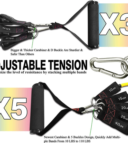 Exercise Resistance Bands with Handles - 5 Fitness Workout Bands Stackable up to 110 - 150 Lbs, Training Tubes with Large Handles, Ankle Straps, Door Anchor Attachment, Carry Bag