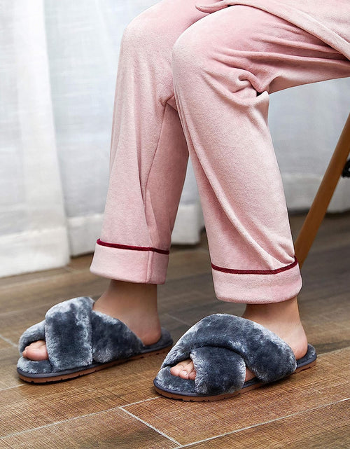Load image into Gallery viewer, Women&#39;S Cross Band Slippers Soft Plush Furry Open Toe Fur Slides Fuzzy Fluffy Slip on House Shoes Indoor Outdoor Slippers
