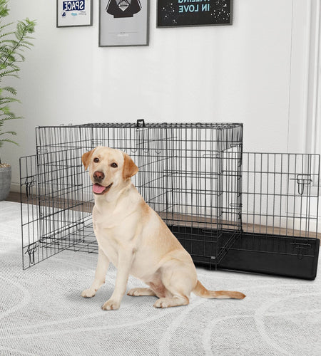 48 Inch Dog Crate, Dog Crates and Kennels for Big Dog Foldable Large Dog Crate for Large Dogs with Handle Double-Door Outdoor Metal Wire Dog Cage with Plastic Tray for Medium Dogs, Black