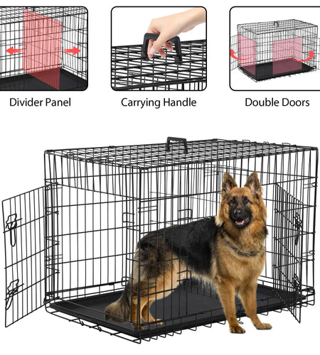 48 Inch Dog Crate, Dog Crates and Kennels for Big Dog Foldable Large Dog Crate for Large Dogs with Handle Double-Door Outdoor Metal Wire Dog Cage with Plastic Tray for Medium Dogs, Black
